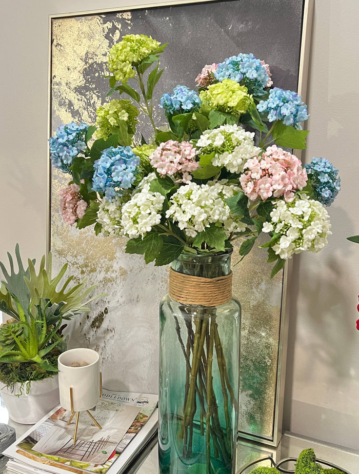 27"-3 Blooms-faux Snowball hydrangea spray: Off-White
