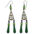 Antique green emerald Czech glass earrings from Owen Glass Collection featuring intricate vintage-style design.