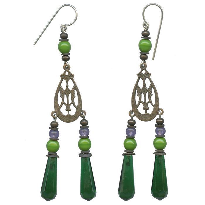 Antique green emerald Czech glass earrings from Owen Glass Collection featuring intricate vintage-style design.