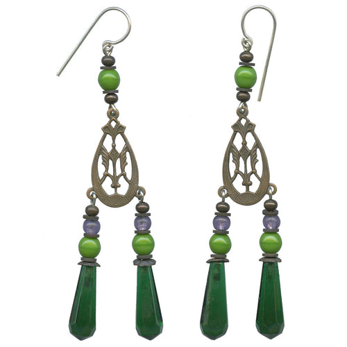 Antique green emerald Czech glass earrings from Owen Glass Collection featuring intricate vintage-style design.
