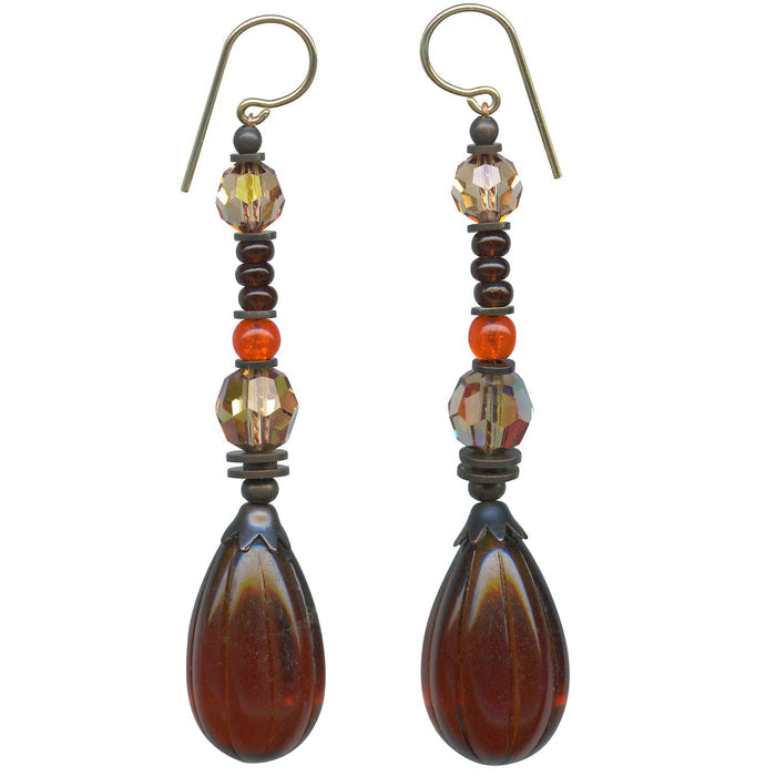 Dark Topaz seedpod glass drop earrings with Austrian crystals from Owen Glass Collection, featuring intricate glass craftsmanship.