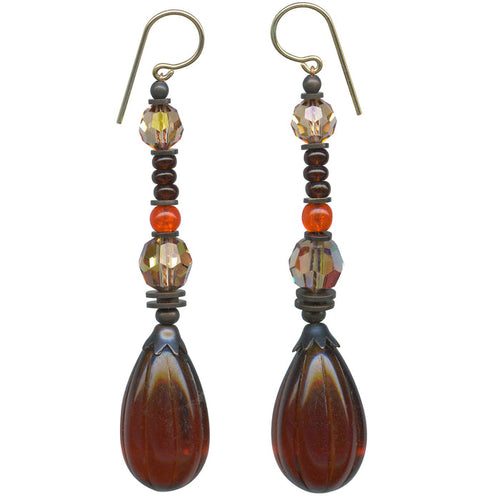 Dark Topaz seedpod glass drop earrings with Austrian crystals from Owen Glass Collection, featuring intricate glass craftsmanship.