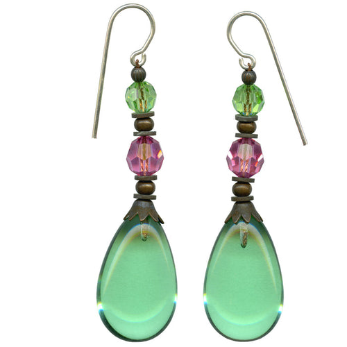 Owen Glass Collection "311" Peridot glass drop earrings with sparkling Austrian crystals, featuring elegant dangling design.