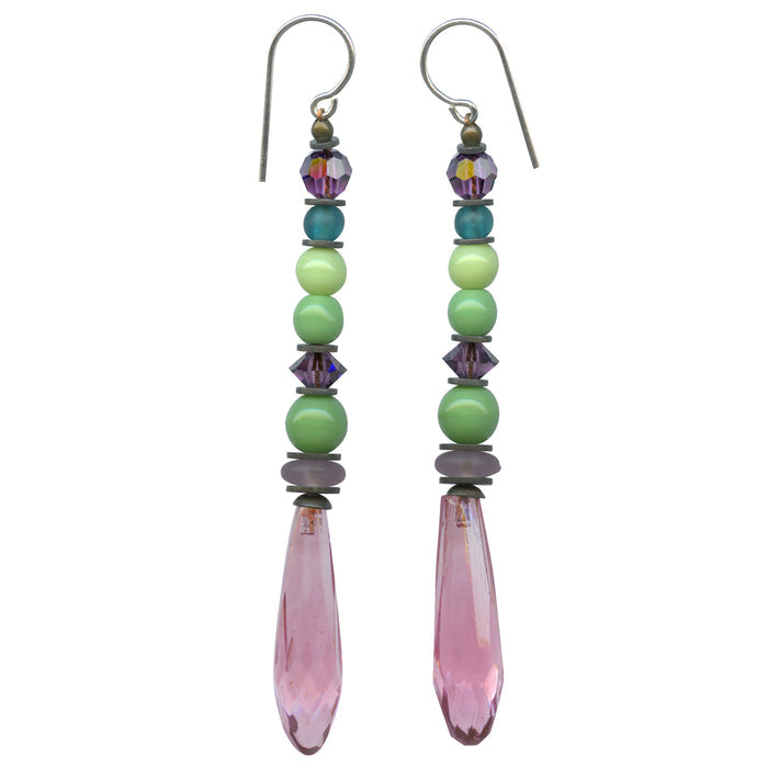 Pink glass chandelier earrings with Austrian crystal and Czech glass from Owen Glass Collection, featuring intricate design and sparkling details.