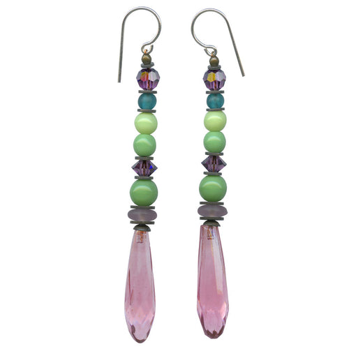 Pink glass chandelier earrings with Austrian crystal and Czech glass from Owen Glass Collection, featuring intricate design and sparkling details.