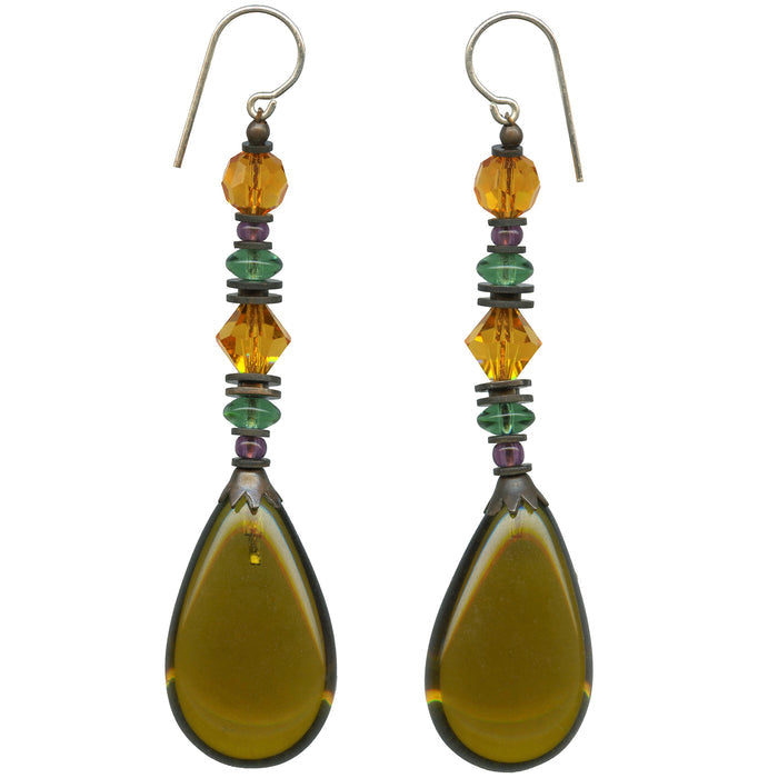 Dark olivine glass drop earrings with Austrian crystal and Czech glass beads from Owen Glass Collection.