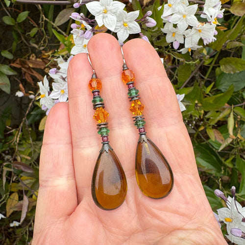 Dark Olivine glass drop earrings with Austrian crystal and Czech glass accents from Owen Glass Collection, showcasing elegant jewelry design.