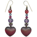 Frosted dark pink glass heart earrings with Austrian crystals from Owen Glass Collection, showcasing elegant jewelry design.
