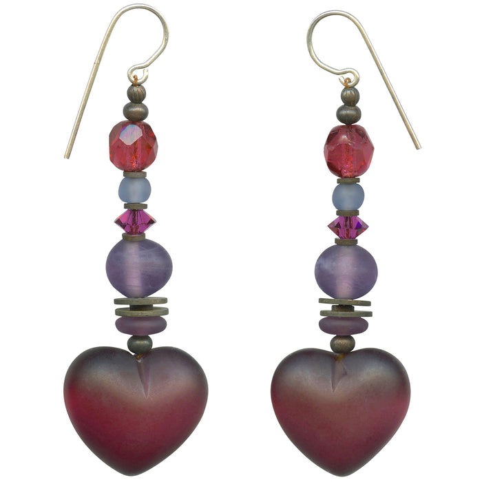 Frosted dark pink glass heart earrings with Austrian crystals from Owen Glass Collection, showcasing elegant jewelry design.