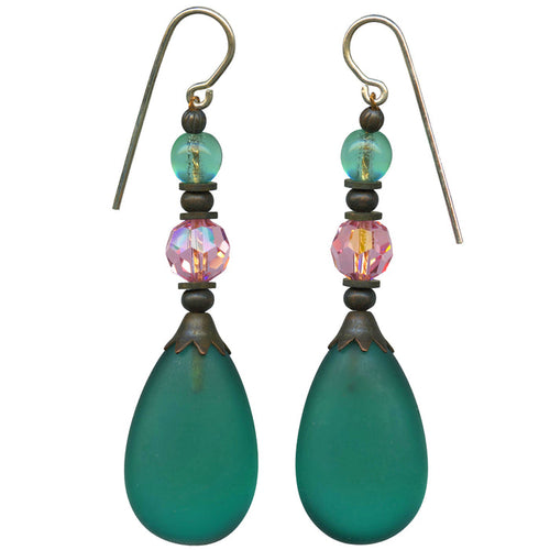 Frosted teal glass drop earrings with Austrian crystal and Czech glass accents from Owen Glass Collection.