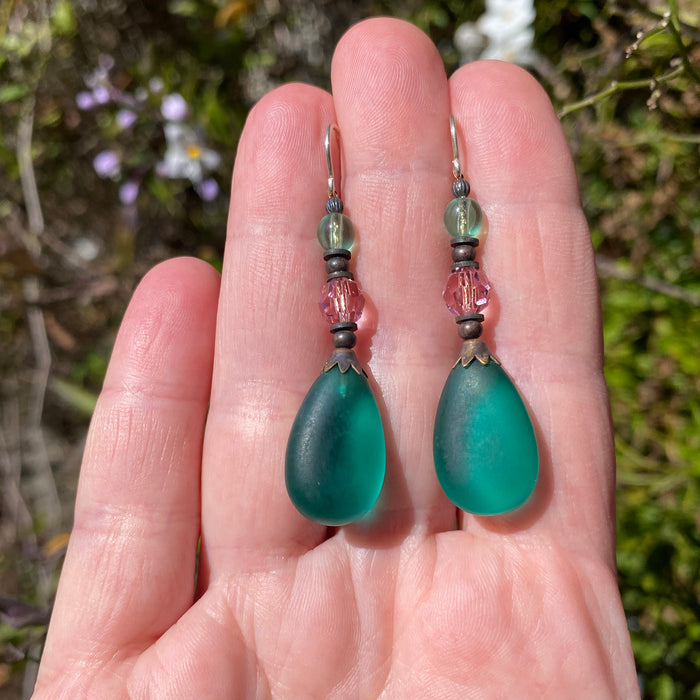 Frosted teal glass drop earrings with Austrian crystal and Czech glass from Owen Glass Collection, featuring elegant, shimmering jewelry.