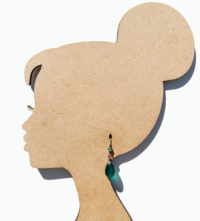 Frosted teal glass drop earrings with Austrian crystals and Czech glass from Owen Glass Collection, showcasing elegant jewelry design.