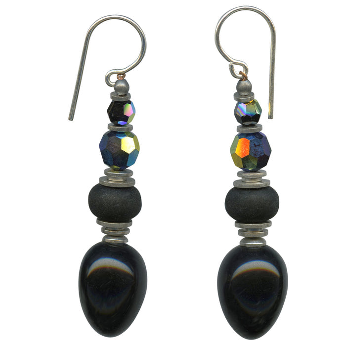 Owen Glass Collection "520" jet crystal and glass dangle earrings featuring dark, faceted glass stones and elegant hanging design.