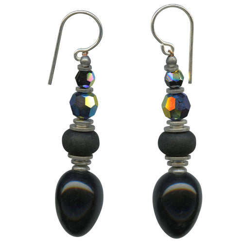 Owen Glass Collection "520" jet crystal and glass dangle earrings featuring dark, faceted glass stones and elegant hanging design.