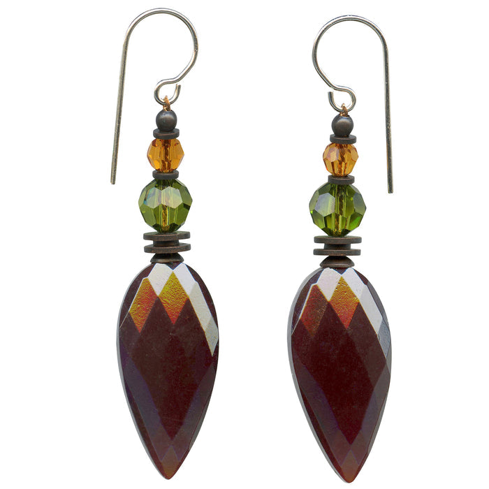 Owen Glass Collection 533 garnet glass dangle earrings with intricate red gemstone design and silver hooks.
