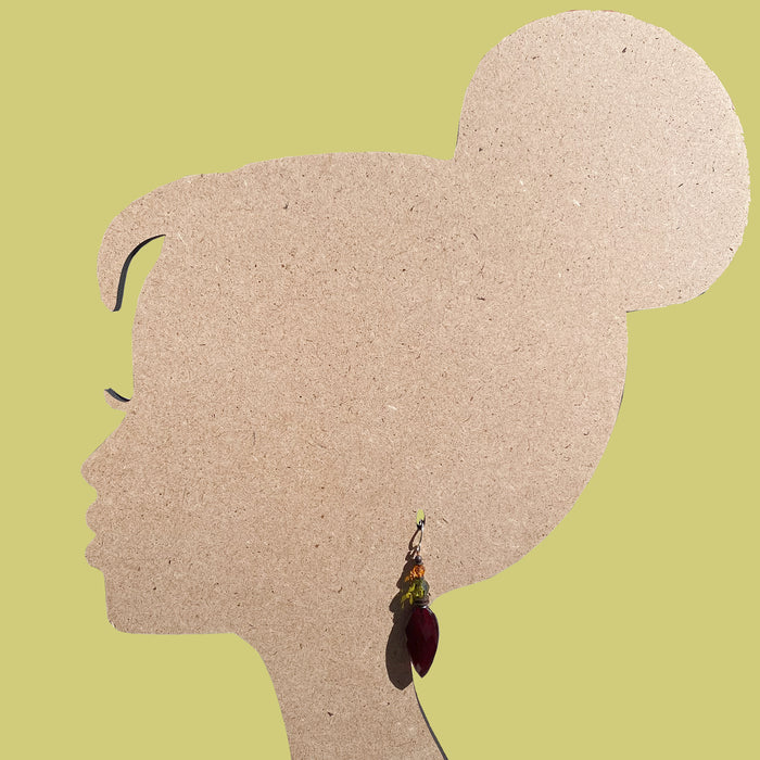 Owen Glass Collection 533 Garnet glass dangle earrings featuring vibrant red gemstone accents and elegant silver hooks.