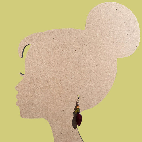 Owen Glass Collection 533 Garnet glass dangle earrings featuring vibrant red gemstone accents and elegant silver hooks.