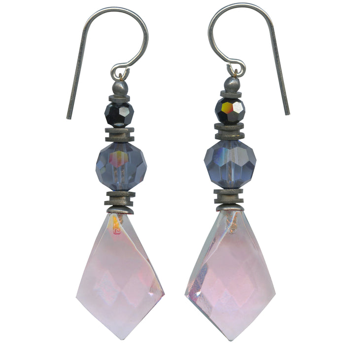 Owen Glass Collection 574 light amethyst glass and crystal earrings featuring elegant dangling design and sparkling accents.