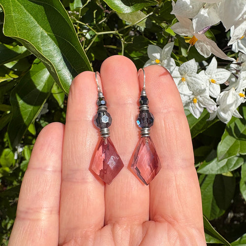 Owen Glass Collection 574 light amethyst glass and crystal earrings featuring elegant dangling design and sparkling accents.