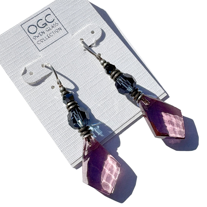 Light amethyst glass and crystal earrings from Owen Glass Collection featuring elegant dangling design and sparkling accents.