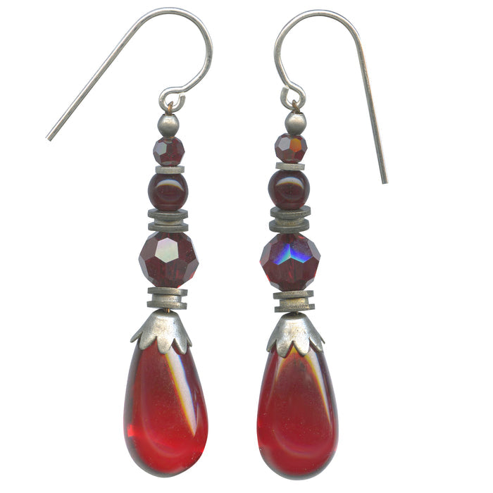 Red glass and crystal dangle earrings from Owen Glass Collection featuring elegant and sparkling design.