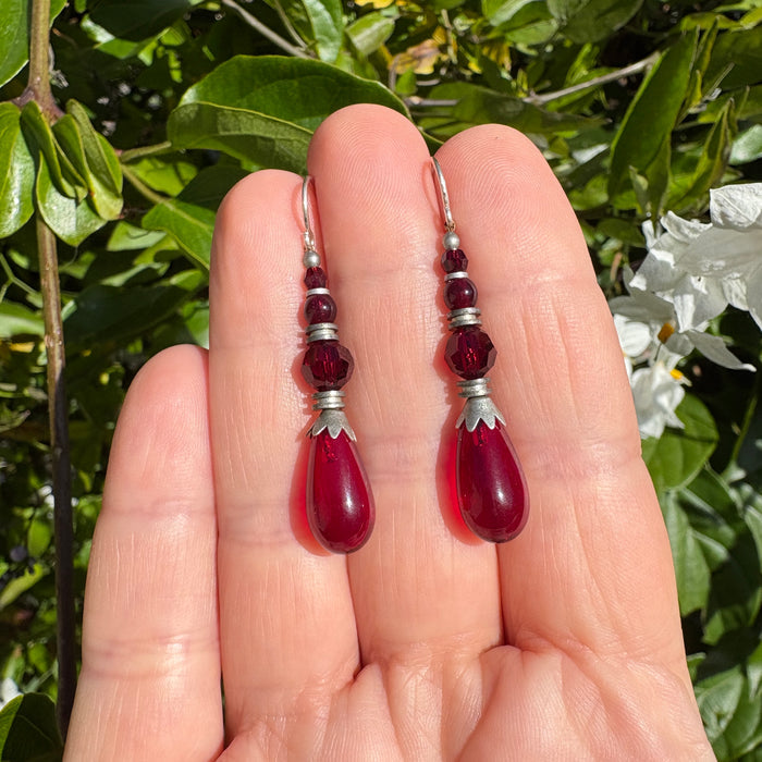 Red glass and crystal dangle earrings from Owen Glass Collection, featuring elegant glass and crystal design.