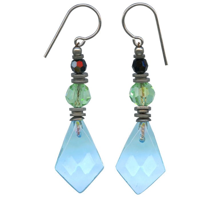 A pair of aqua glass and crystal dangle earrings from Owen Glass Collection featuring shimmering, transparent glass and intricate crystal details.