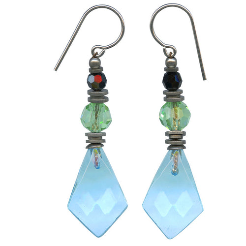 A pair of aqua glass and crystal dangle earrings from Owen Glass Collection featuring shimmering, transparent glass and intricate crystal details.
