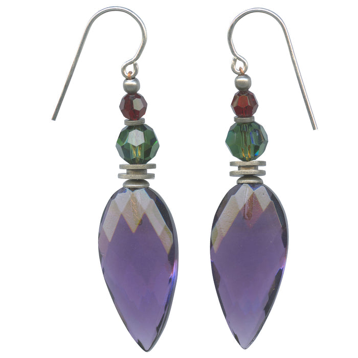 Amethyst glass dangle earrings from Owen Glass Collection featuring vibrant purple gemstone drops and elegant silver hooks.