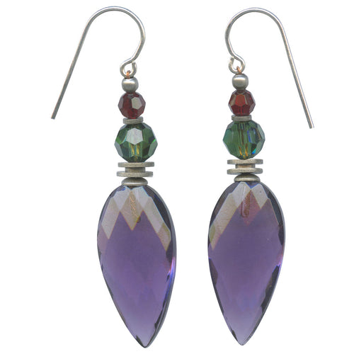 Amethyst glass dangle earrings from Owen Glass Collection featuring vibrant purple gemstone drops and elegant silver hooks.