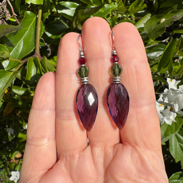 Amethyst glass dangle earrings from Owen Glass Collection featuring vibrant purple gemstone accents and elegant hanging design.