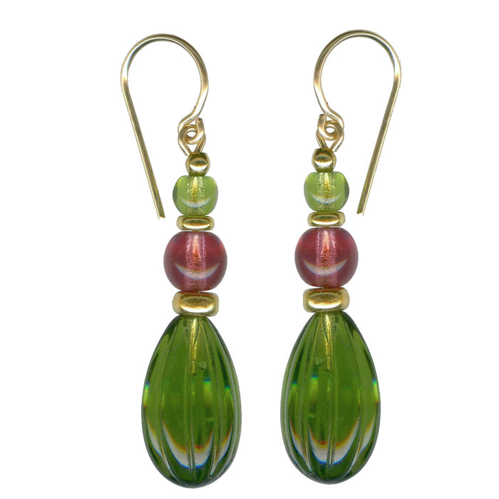 Green glass and gold earrings from the Owen Glass Collection, featuring a stylish and elegant jewelry design.
