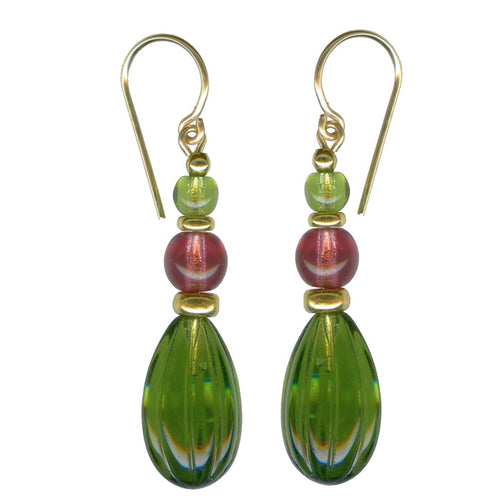 Green glass and gold earrings from the Owen Glass Collection, featuring a stylish and elegant jewelry design.