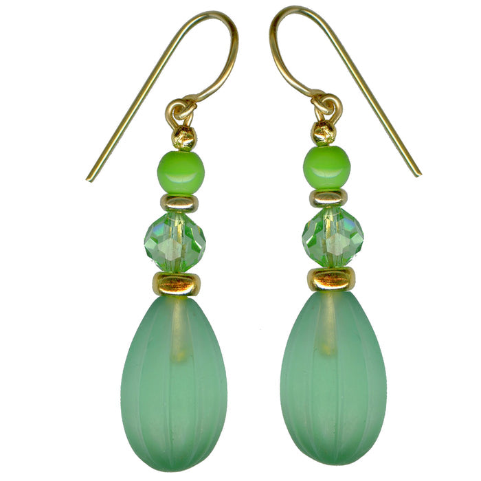 Frosted peridot and gold earrings from the Owen Glass Collection featuring elegant, handcrafted jewelry with vibrant green stones.