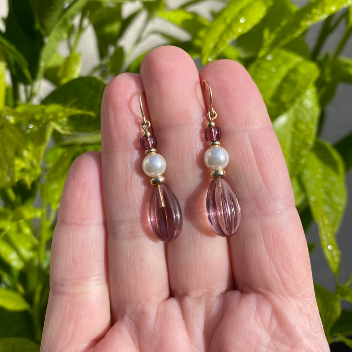 Owen Glass Collection 815 light amethyst and gold earrings featuring elegant gemstone and metal design with hooks.