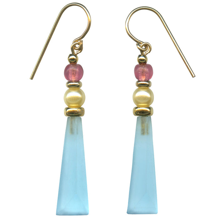 Owen Glass Collection earrings featuring frosted aqua, pearl, and gold accents with elegant dangle design.