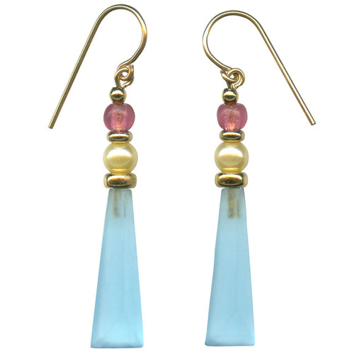 Owen Glass Collection earrings featuring frosted aqua, pearl, and gold accents with elegant dangle design.