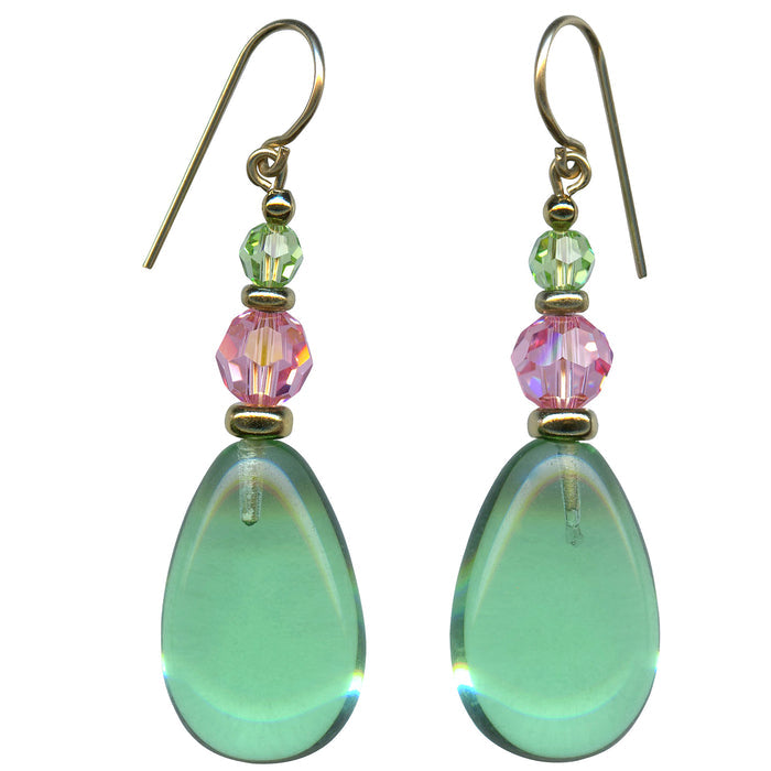 Peridot and pink gold dangle earrings from Owen Glass Collection, featuring elegant gemstone and metal design.
