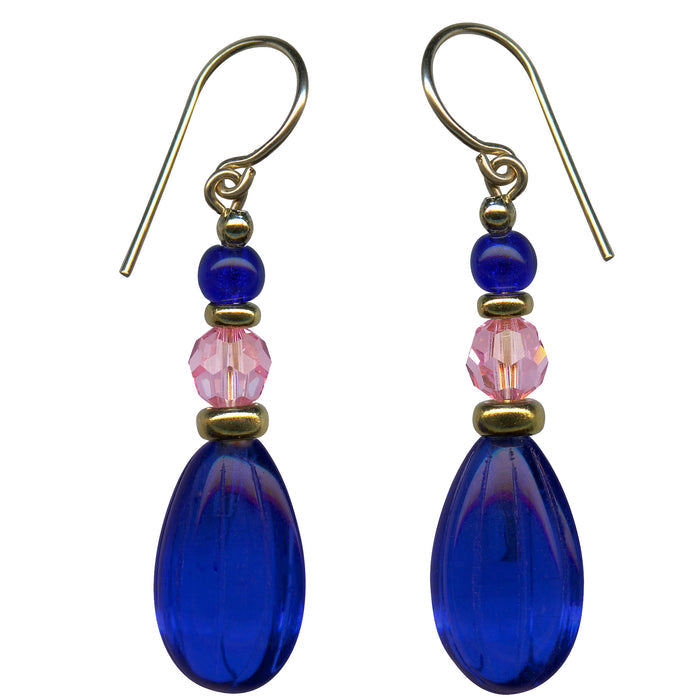Cobalt and pink gold dangle earrings from Owen Glass Collection featuring elegant, handcrafted jewelry with a modern design.