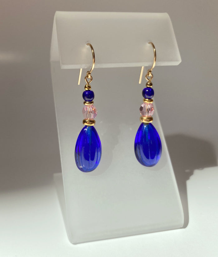 Cobalt and pink gold dangle earrings from Owen Glass Collection featuring elegant, handcrafted jewelry design.
