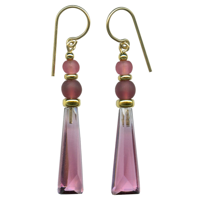 Pink glass and gold earrings from Owen Glass Collection, featuring elegant 868 design with shiny glass and gold accents.