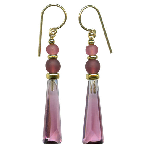 Pink glass and gold earrings from Owen Glass Collection, featuring elegant 868 design with shiny glass and gold accents.