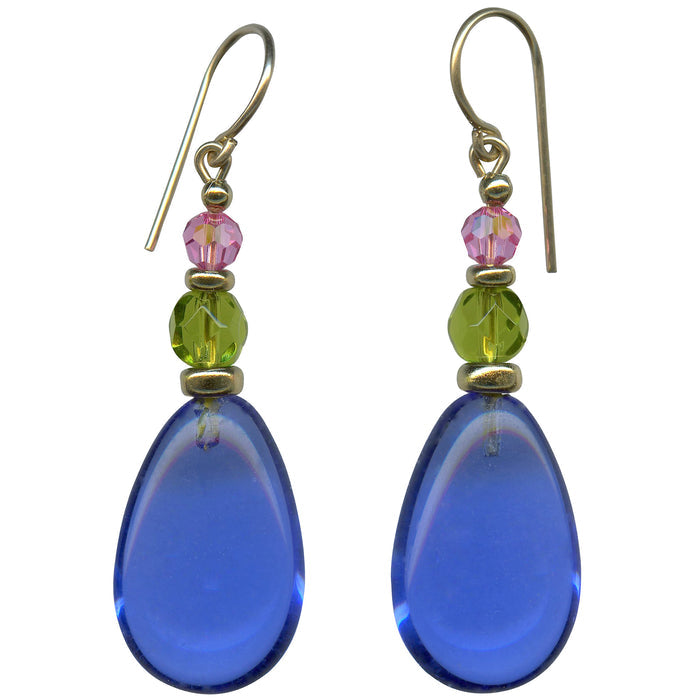 Sapphire glass and gold dangle earrings from Owen Glass Collection featuring elegant jewelry design with sapphire accents.