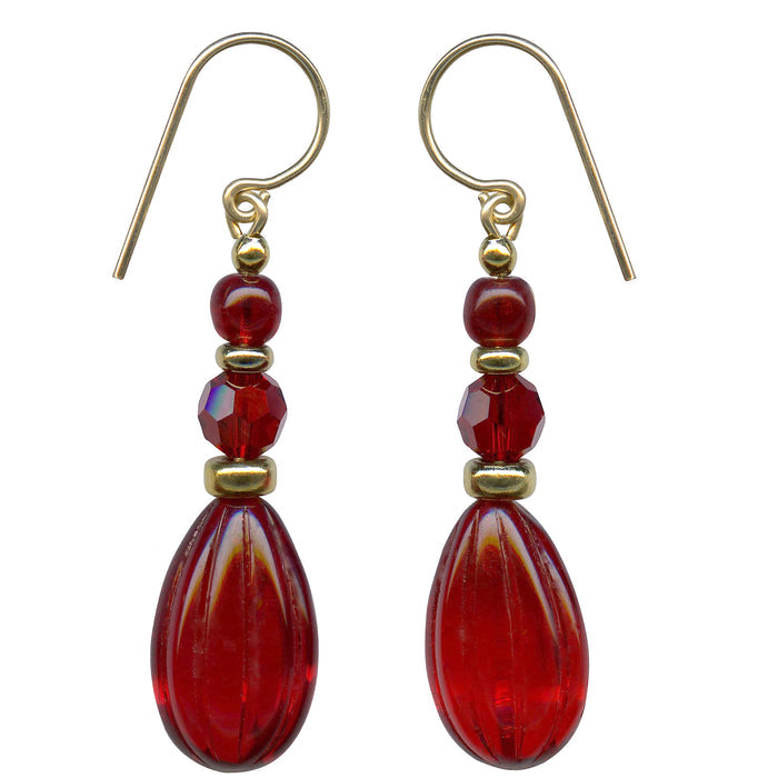 Red glass and gold dangle earrings from Owen Glass Collection, showcasing elegant design and vibrant color.