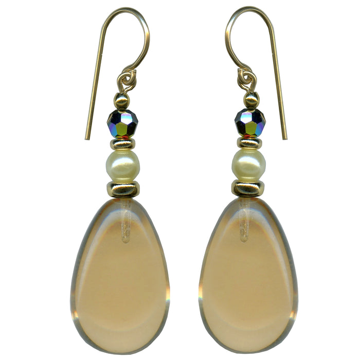 Owen Glass Collection "881" smoke topaz and pearl gold earrings featuring elegant drop design with smoky topaz stones and pearl accents.