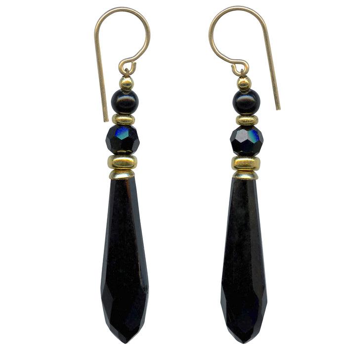 Owen Glass Collection "882" jet and gold dangle prism earrings with geometric design and shiny finish.