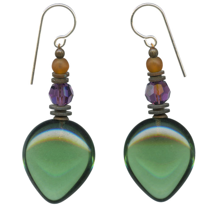 Owen Glass Collection almond-shaped green glass dangle earrings with amethyst crystal accents and tourmaline green color.