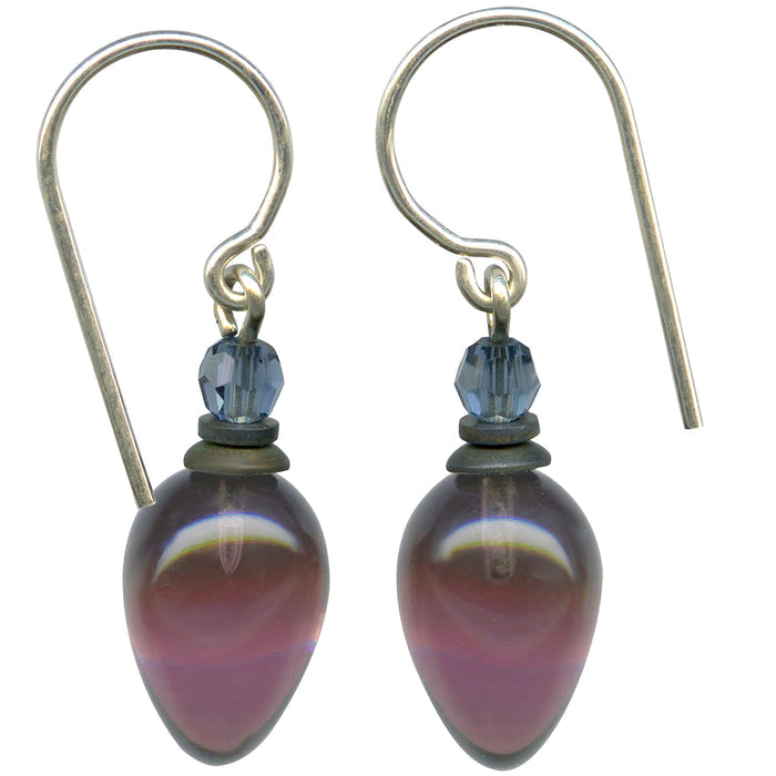 Amethyst and indigo blue crystal and glass earrings from Owen Glass Collection featuring plum-shaped design.