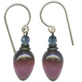 Amethyst and indigo blue crystal and glass earrings from Owen Glass Collection featuring plum-shaped design.