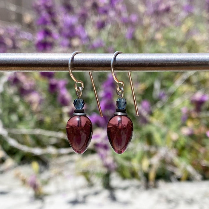 Amethyst and indigo blue crystal and glass earrings from Owen Glass Collection with plum design and elegant dangle style.